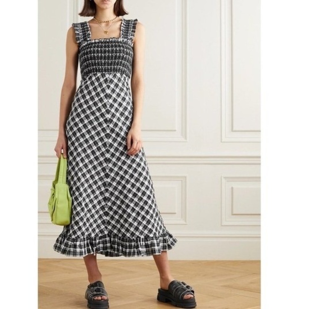 GANNI Seersucker Check Plaid Midi Dress in Black